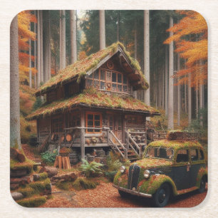 Cabin in the Woods with an Antique Automobile Square Paper Coaster