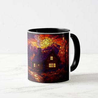 Cabin in Vibrant Autumn Forest Stained Glass Art Mug
