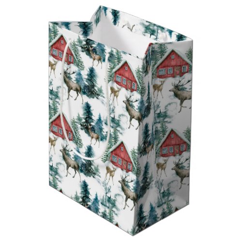 Cabin in woods with deer and snowy trees medium gift bag