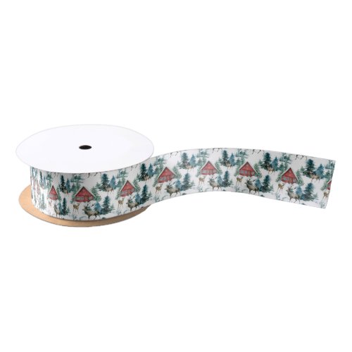 Cabin in woods with deer and snowy trees satin ribbon