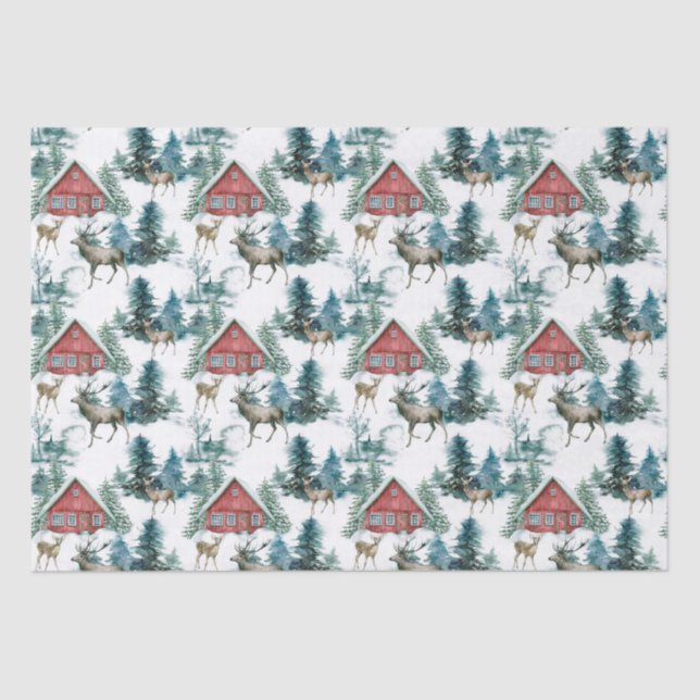 Cabin in woods with deer and snowy trees tissue paper (Front)
