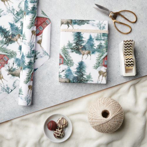 Cabin in woods with deer and snowy trees wrapping paper