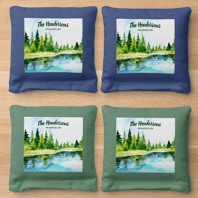 Cabin Lake Living Custom Text, Family, Town Name Cornhole Bags (Wood)