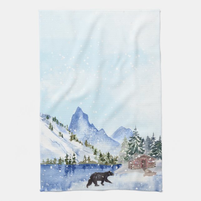 Cabin, Lake, Mountains, Trees, Bear Winter Scene Kitchen Towel (Vertical)