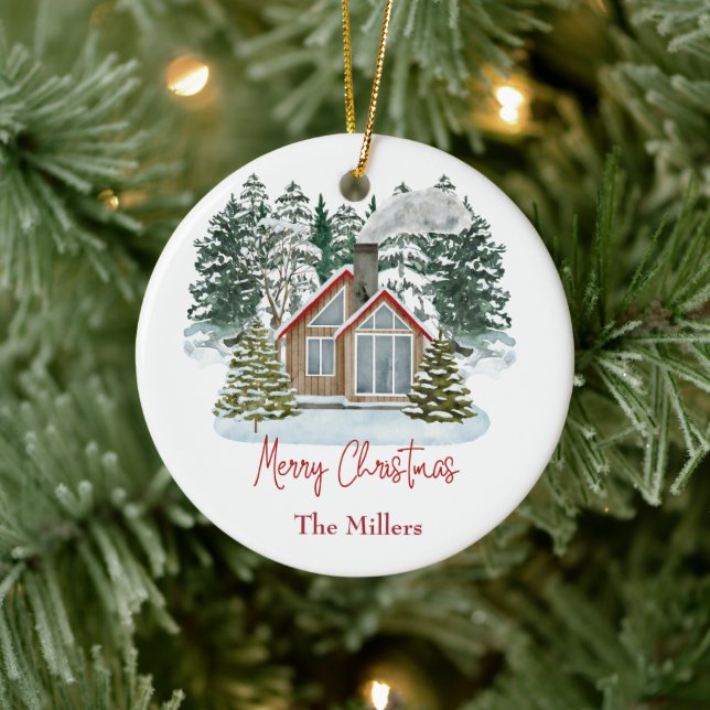Cabin Merry Christmas Customizable Name   Ceramic Ornament (Tree)