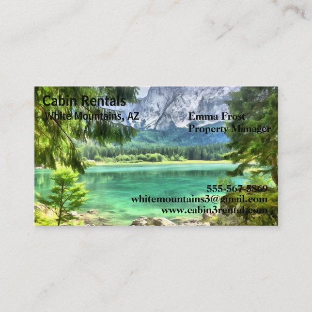 Cabin Mountain Lake Vacation Rental Business Cards (Front)