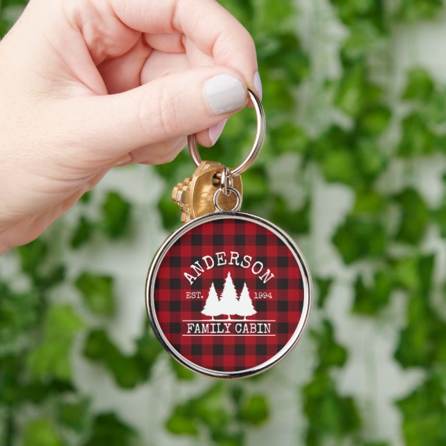 Cabin Red Buffalo Plaid Family Name Keychain (Hand)