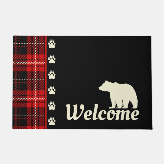 Cabin Red Plaid Bear Welcome Doormat (Front)