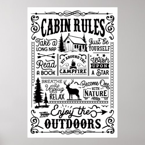 Cabin Rules Black and White Poster
