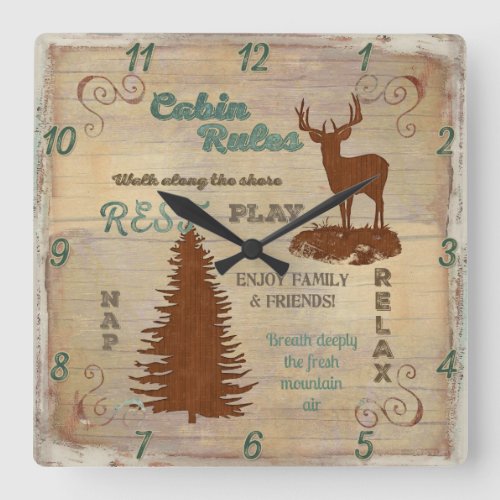 Cabin Rules Mountain or Lake Lodge Home Decor Square Wall Clock