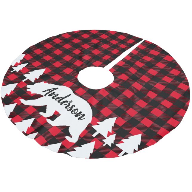 Cabin Rustic Bear Buffalo Check Plaid Family Name Brushed Polyester Tree Skirt (Angled)