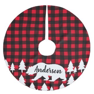 Cabin Rustic Bear Buffalo Check Plaid Family Name Brushed Polyester Tree Skirt