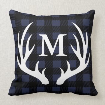 Cabin Rustic Deer Antlers Buffalo Check Plaid Throw Pillow by GrudaHomeDecor at Zazzle
