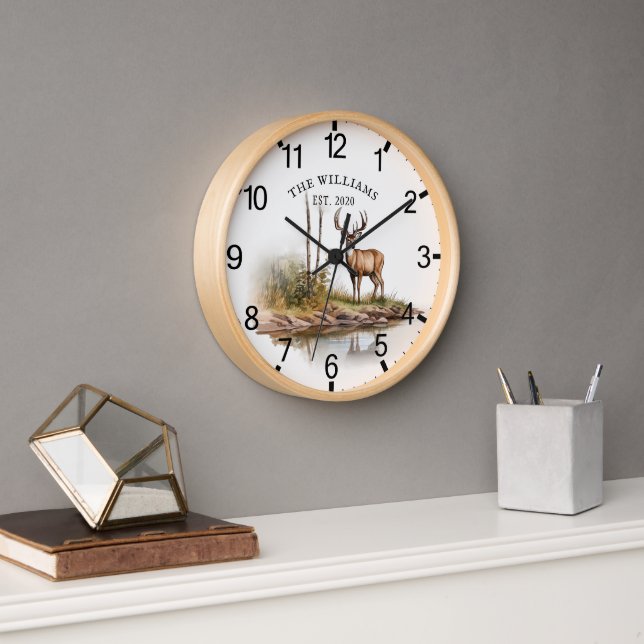 Cabin Rustic Deer Personalized Mountain Clock (Office)