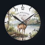 Cabin Rustic Deer Personalized Mountain Round Clock<br><div class="desc">Cabin Rustic Deer Personalized Mountain Round Clock</div>
