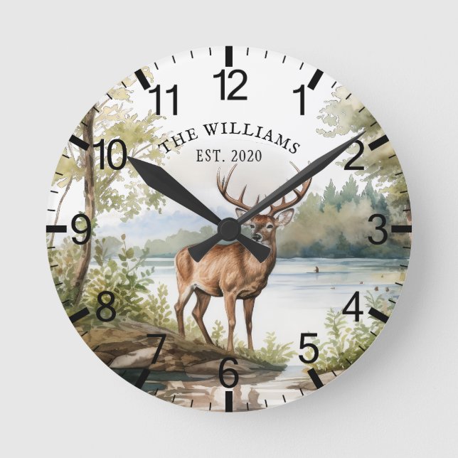 Cabin Rustic Deer Personalized Mountain Round Clock (Front)