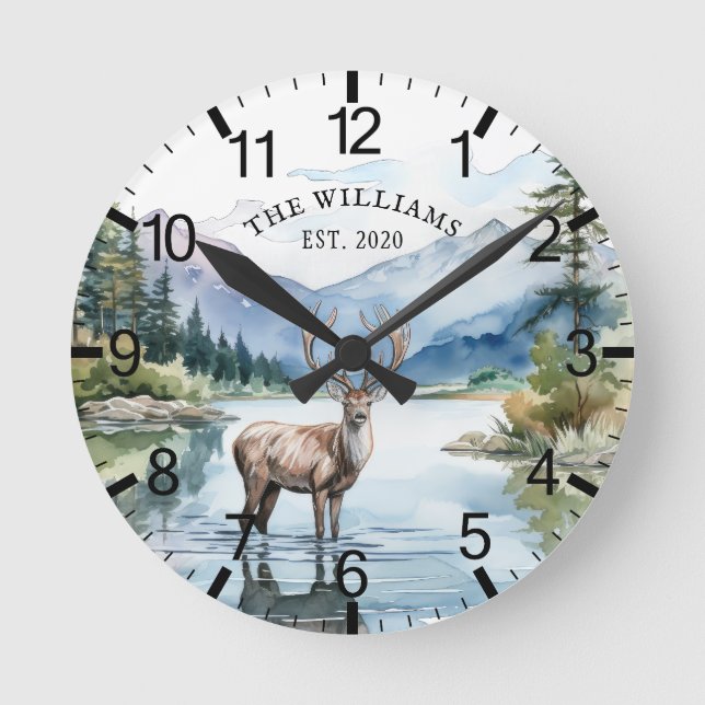 Cabin Rustic Deer Personalized Mountain Round Clock (Front)