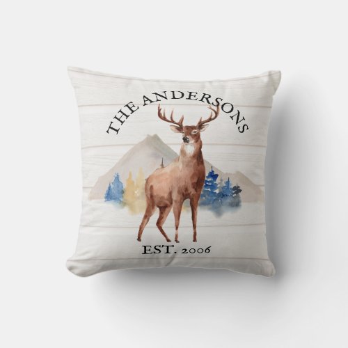 Cabin Rustic Deer White Wood Personalized Mountain Throw Pillow