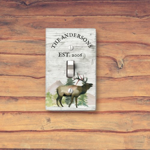 Cabin Rustic Elk White Wood Personalized Mountain  Light Switch Cover