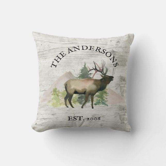 Cabin Rustic Elk White Wood Personalized Mountain Throw Pillow (Front)
