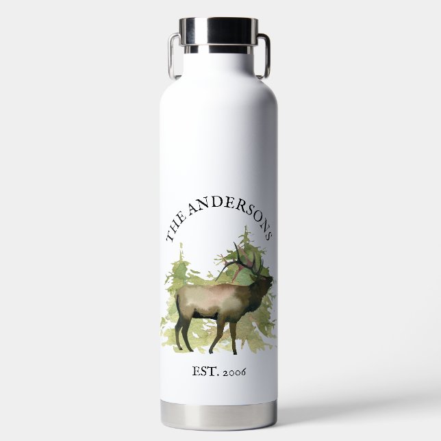 Cabin Rustic Elk wood Personalized Mountain Water Bottle (Front)