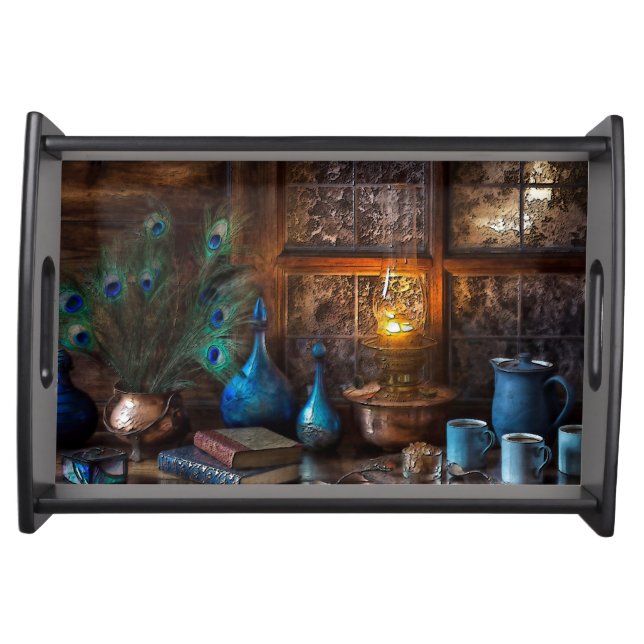 Cabin rustic kerosene lamp book window night serving tray (Front)