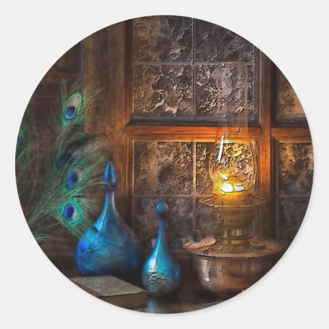 Cabin rustic lamplight scene brown blue cream classic round sticker (Front)