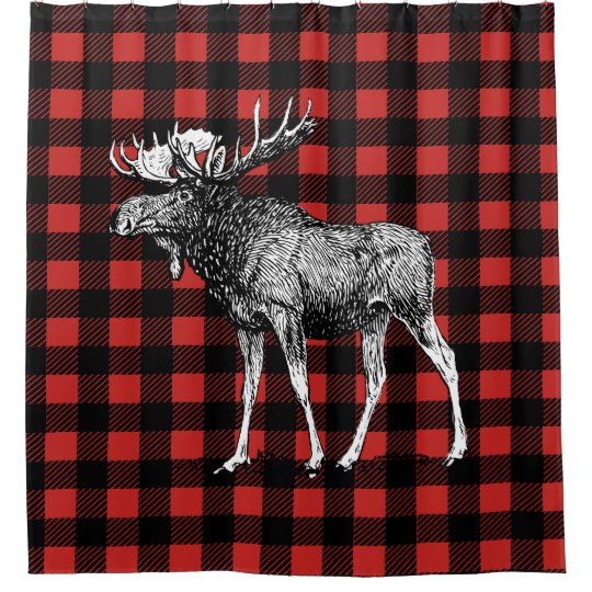 Cabin Rustic Moose & Buffalo Plaid Shower Curtain