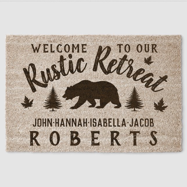 Cabin Rustic Retreat Bear Pine Trees Custom Name Fiber Doormat (Front)