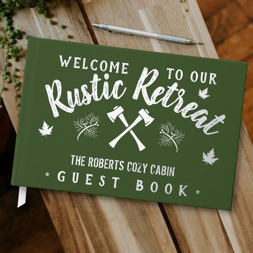 Cabin Rustic Retreat Customized Name Green Silver Foil Guest Book