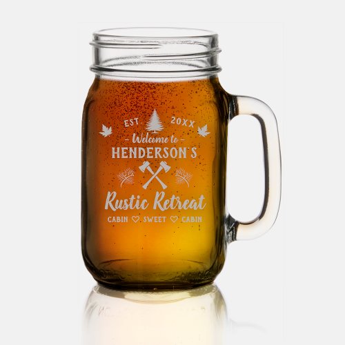 Cabin Rustic Retreat Lodge Theme Personalized Name Mason Jar W Handle