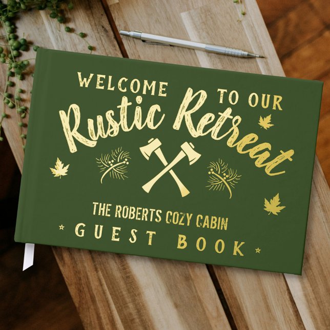Cabin Rustic Retreat Personalized Name Green Gold Foil Guest Book (Creator Uploaded)