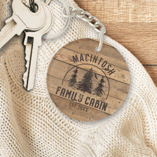 Cabin Rustic Wood Family Name Personalized Keychain