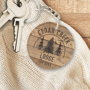 Cabin Rustic Wood Family Name Personalized Keychain