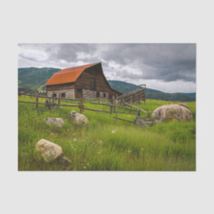 Cabin Snuggled in a Field With Sheep Looking Rocks Tissue Paper