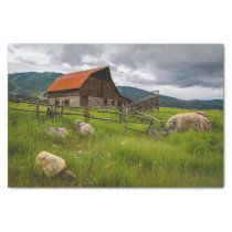 Cabin Snuggled in a Field With Sheep Looking Rocks Tissue Paper