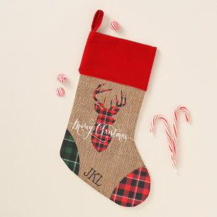 Cabin Style - A Plaid Deer Head on Burlap & Plaid Christmas Stocking