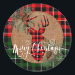 Cabin Style - A Plaid Deer Head on Burlap & Plaid Classic Round Sticker<br><div class="desc">Sticker Cabin Style - A Plaid Deer Head on Burlap & Plaid. 100% Customizable. If you need further customization, please click the "Customize it" button and use our design tool to resize, rotate, change colors, add text and more. Made with high resolution vector and/or digital graphics for a professional print....</div>