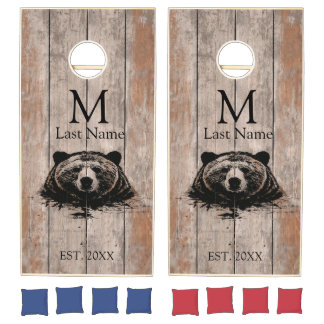 Cabin Style Bear Portrait Weathered Brown Plank Co Cornhole Set