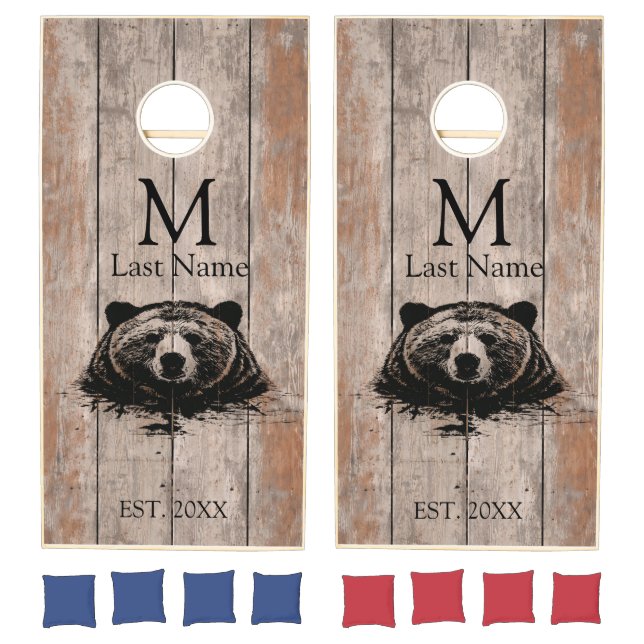 Cabin Style Bear Portrait Weathered Brown Plank Co Cornhole Set (Set)