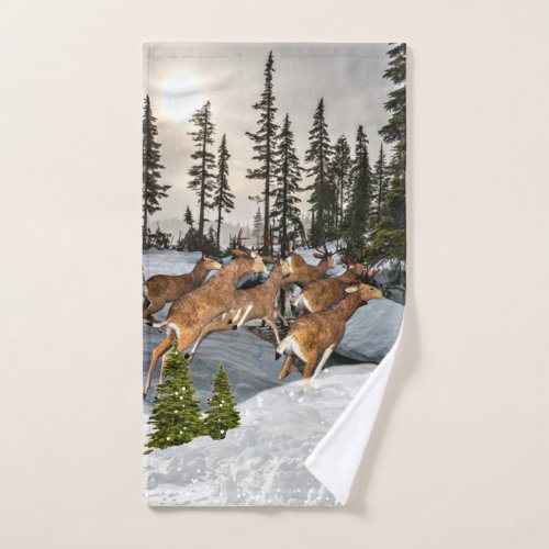 Cabin Style Winter Trees Snow and Running Deer  Hand Towel