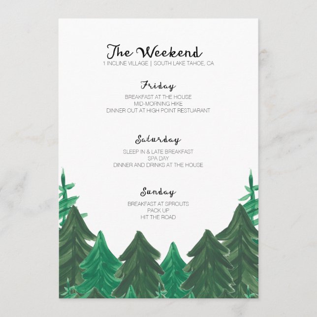 Cabin Weekend Itinerary - Bachelorette Party Weeke Program (Front)