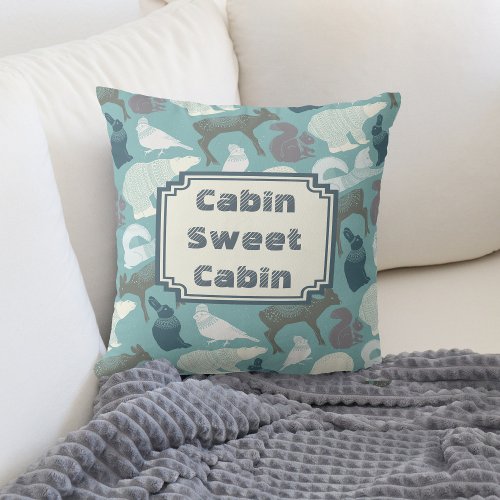 Cabin Winter Forest Animals Pattern Throw Pillow