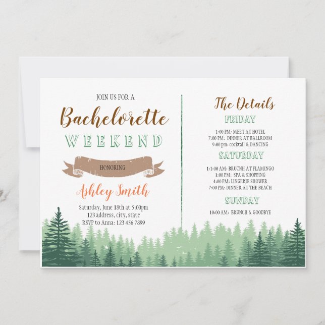 Cabin woods bachelorette with Itinerary invitation (Front)