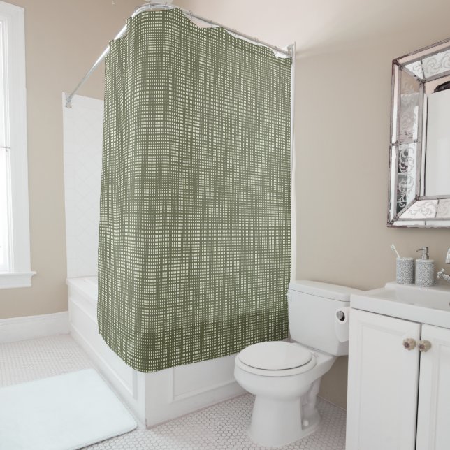 Cabincore Wobbly Gingham Christmas Green Shower Curtain (In Situ)