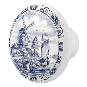 Cabinet Drawer Knob With Dutch Delft Blue Windmill