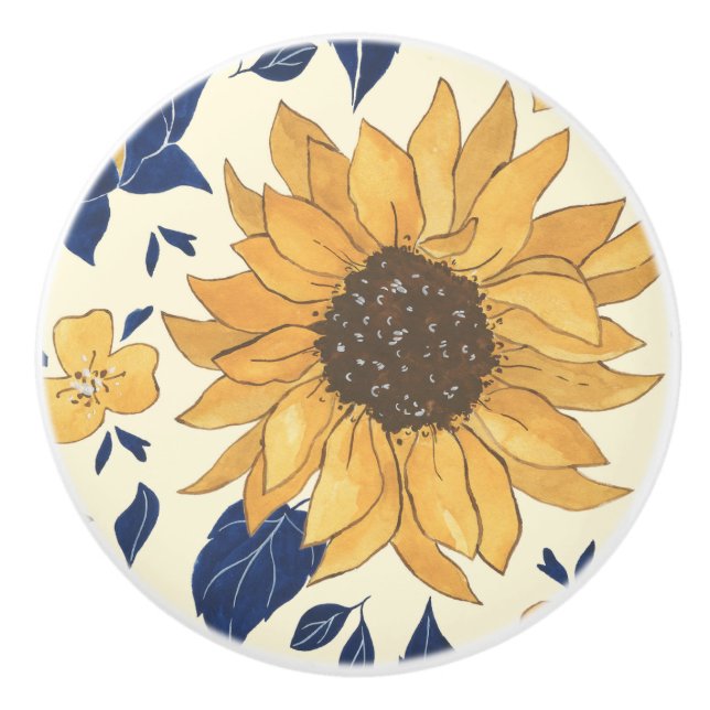 Cabinet Knobs, Blue and Yellow, Sunflowers Ceramic Knob (Front)