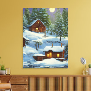 Cabins in The Woods Snow landscape ARt Canvas Print