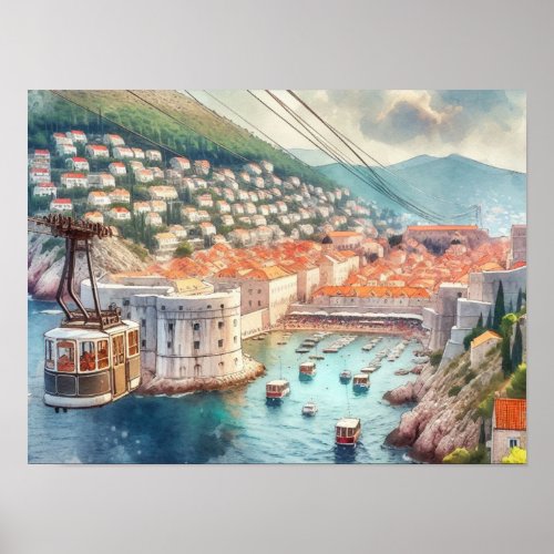 Cable car Dubrovnik Croatia watercolor Poster