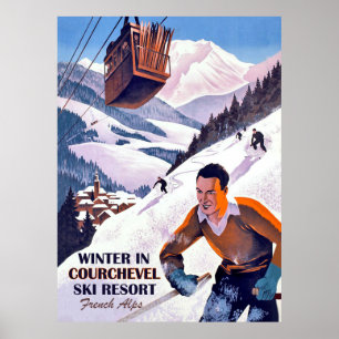 Cable car over Courcheval, man on ski, vintage Poster